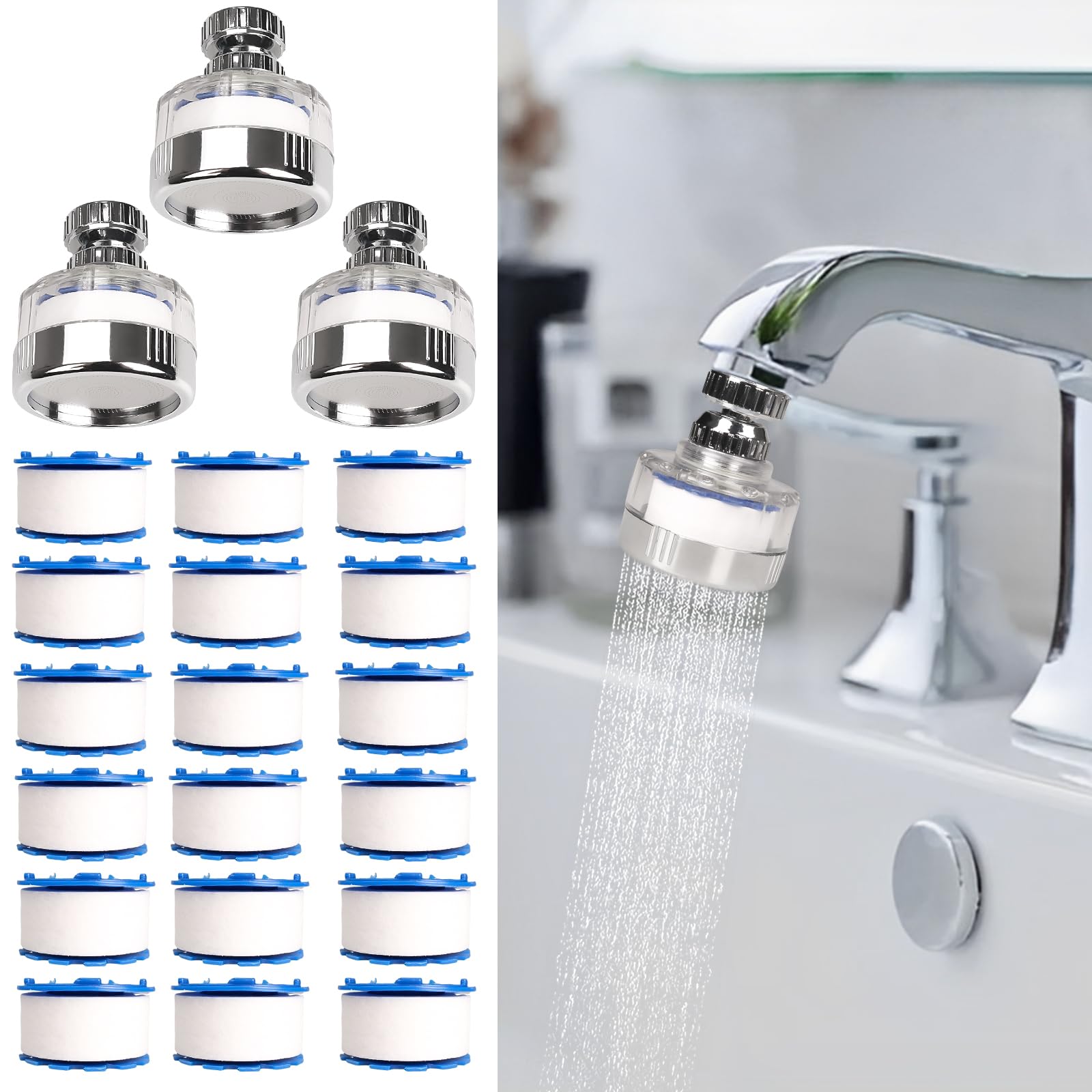 Dexspoeny 21Pcs Sink Water Filter with Filter Elements Set,Sink Faucet Filter 360°Rotating, Bathroom Sink Filter Removes Fluoride Hard Water, Faucet Filter Faucet Extender for Home Kitchen Sink