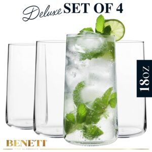 BENETI Modern Crystal Glass Cups, Tall Highball Drinking Glasses Set of 4 | Made in Europe | Water and Juice Kitchen Glassware (18 Onces)