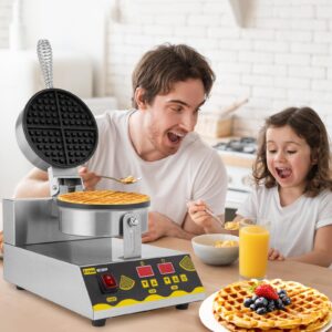 Dyna-Living Commercial Waffle Maker 110V 1200W Intelligent Commercial Waffle Maker Restaurant Non-stick Round Waffle Maker Stainless Steel Waffle Iron Machine Professional Waffle Maker for Home