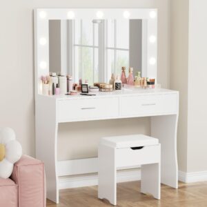 Furmax Vanity Desk Set with Large Lighted Mirror, 35.4 Inch Makeup Vanity Table with 2 Drawers, Cushioned Storage Stool, 3 Lighting Modes Brightness Adjustable, Dressing Table for Bedroom (White)