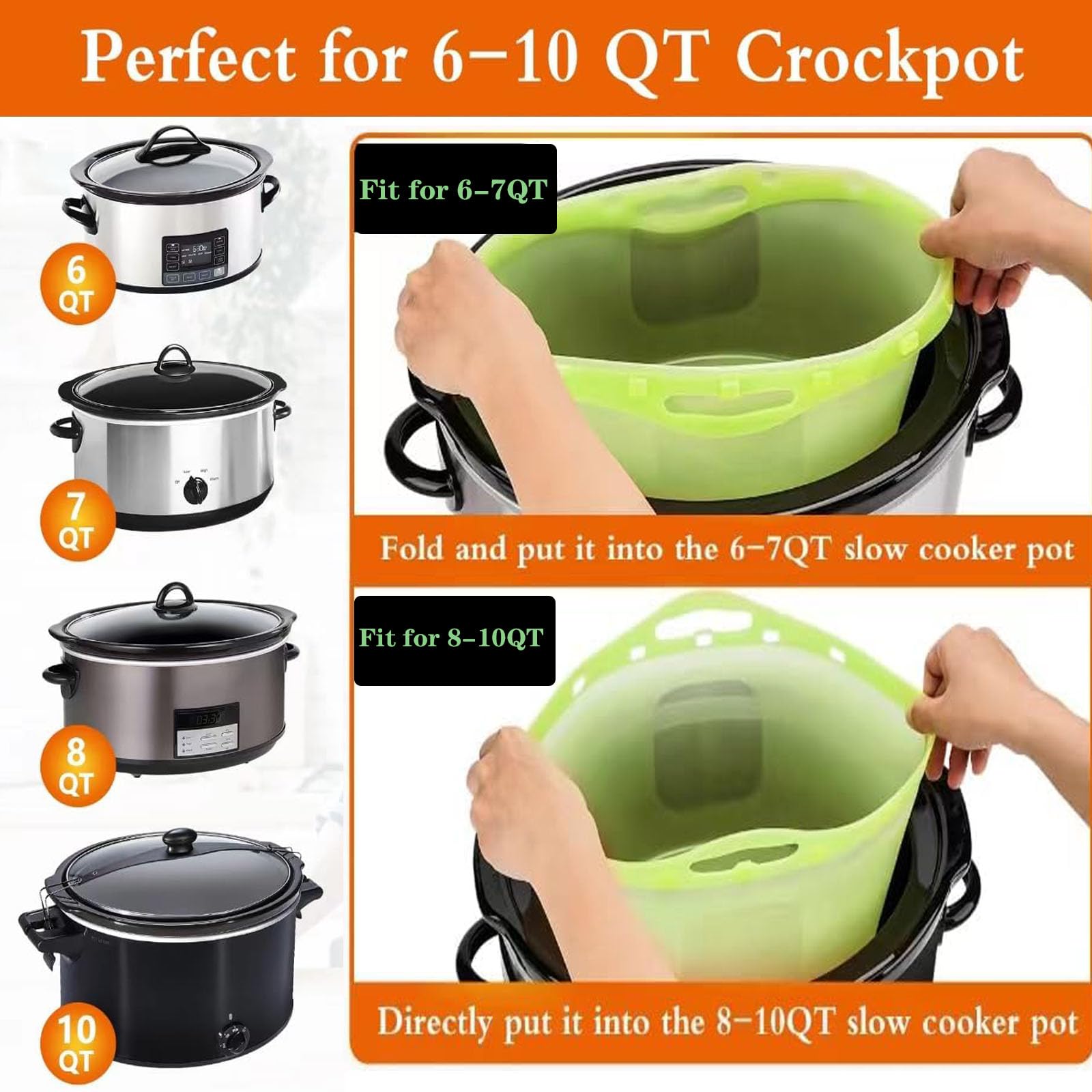 2pcs Silicone Slow Cooker Liners, Foldable Slow Cooker Liners for 6-7-8-10 Quarts, Reusable Crock-Pot Liners with Buttons and Hooks for Oval or Round Pot, Leakproof & Easy Clean, Green+Blue