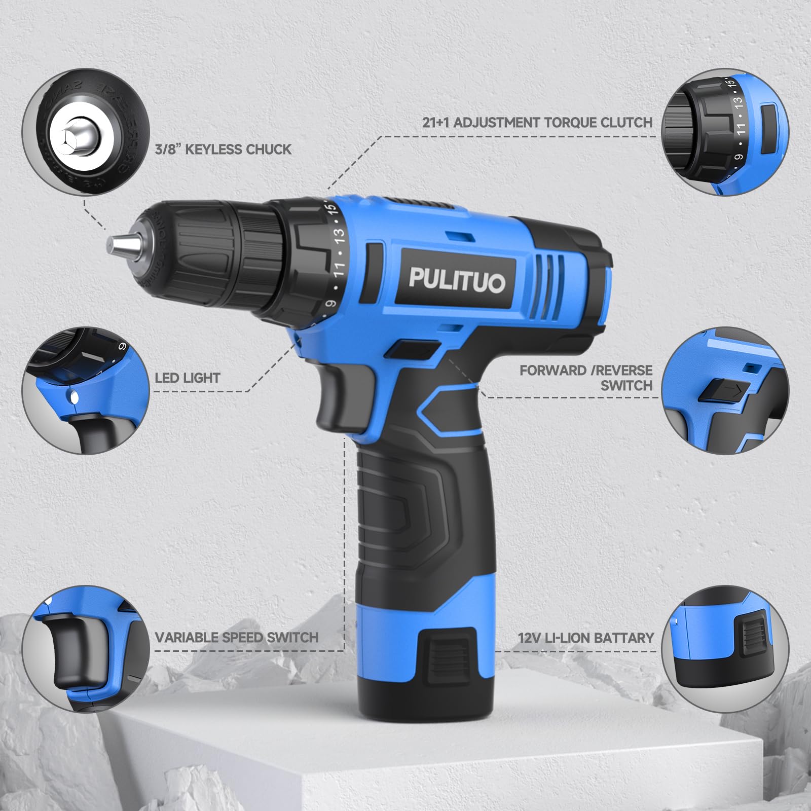 PULITUO 12V Blue Cordless Drill Set Power Drill Kit with Battery and Charger,electric drill home improvement,3/8-Inch Keyless Chuck,Built-in LED,21+1 Torque Setting small drill