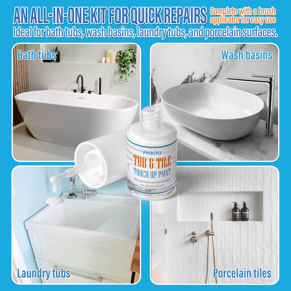 Specialty Tub and Tile Paint, High-Gloss White Tub Paint for Bathtub, Quick-Dry Porcelain Paint for Scratches & Chips on Porcelain, Acrylic, Enamel, Cast Iron, Tubs, Tiles, Sinks and Toilets(White)