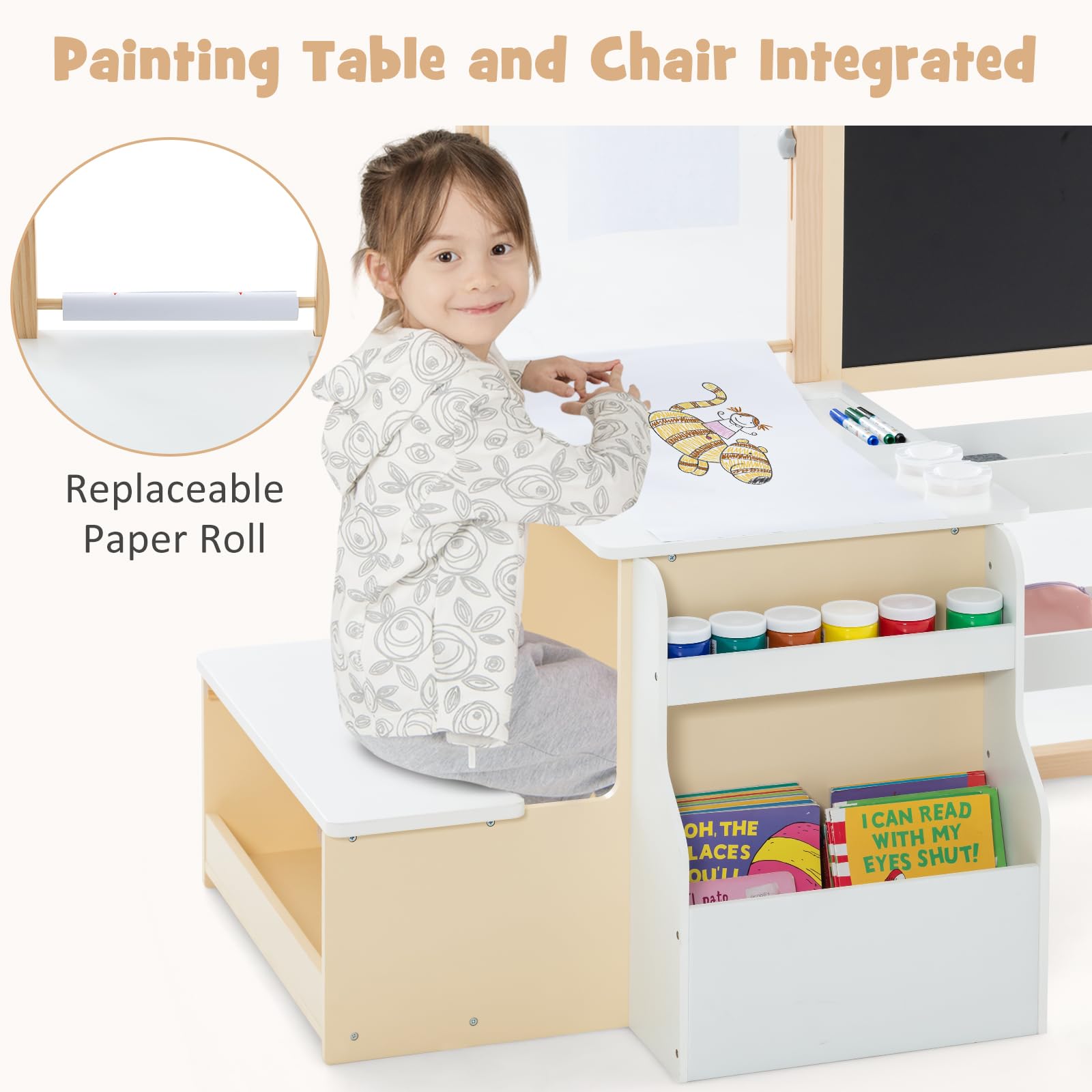 INFANS 3 in 1 Kids Art Table and Chair Set, Toddler Craft and Play Wood Activity Desk with Double-Sided Easel Blackboard Whiteboard, Paper Roll for Writing, Children Furniture for Daycare Nursery