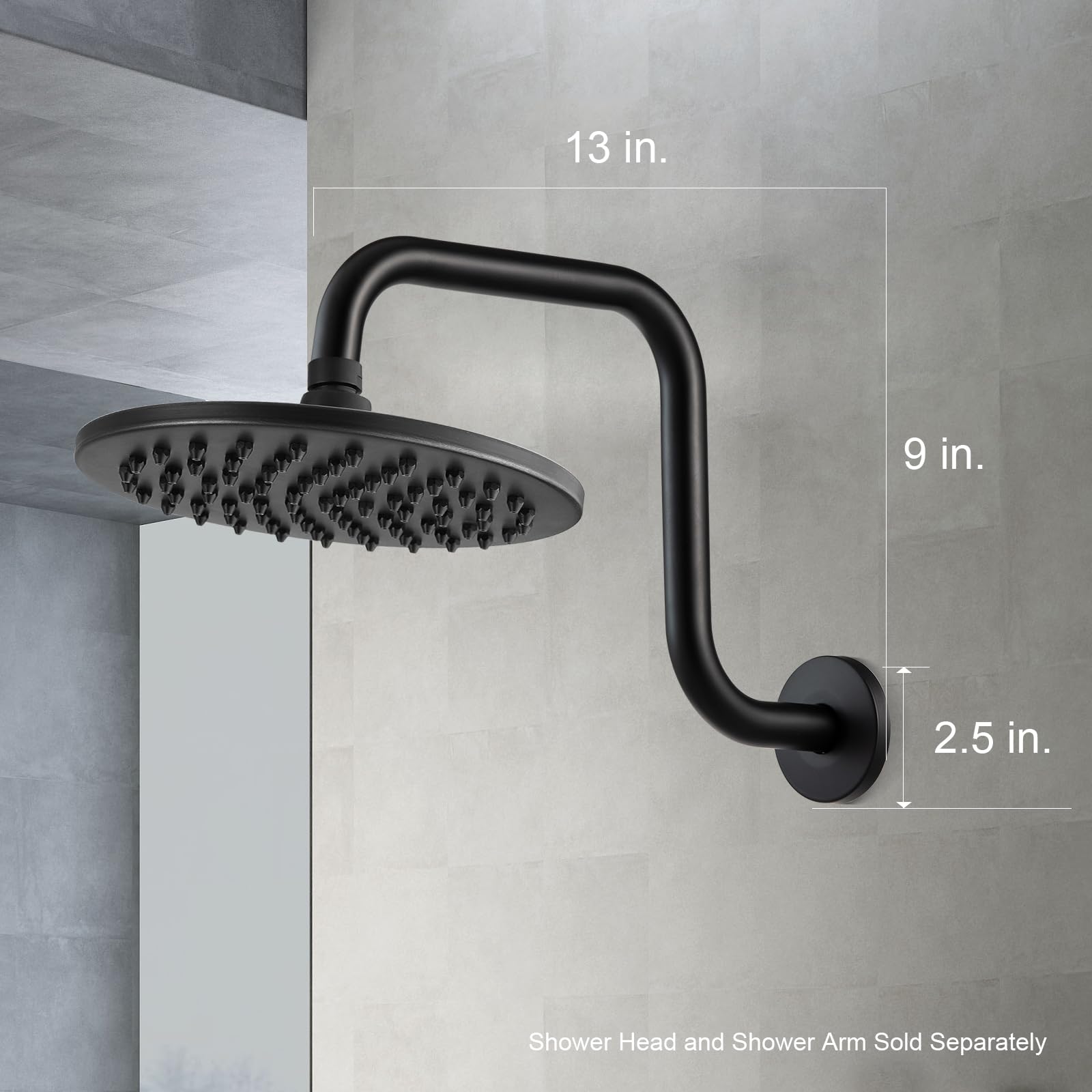 OFFO Shower Head Extension Arm 13 Inch, S Shaped High Rise Extender with Flange Shower Head Pipe Arm, Matte Black