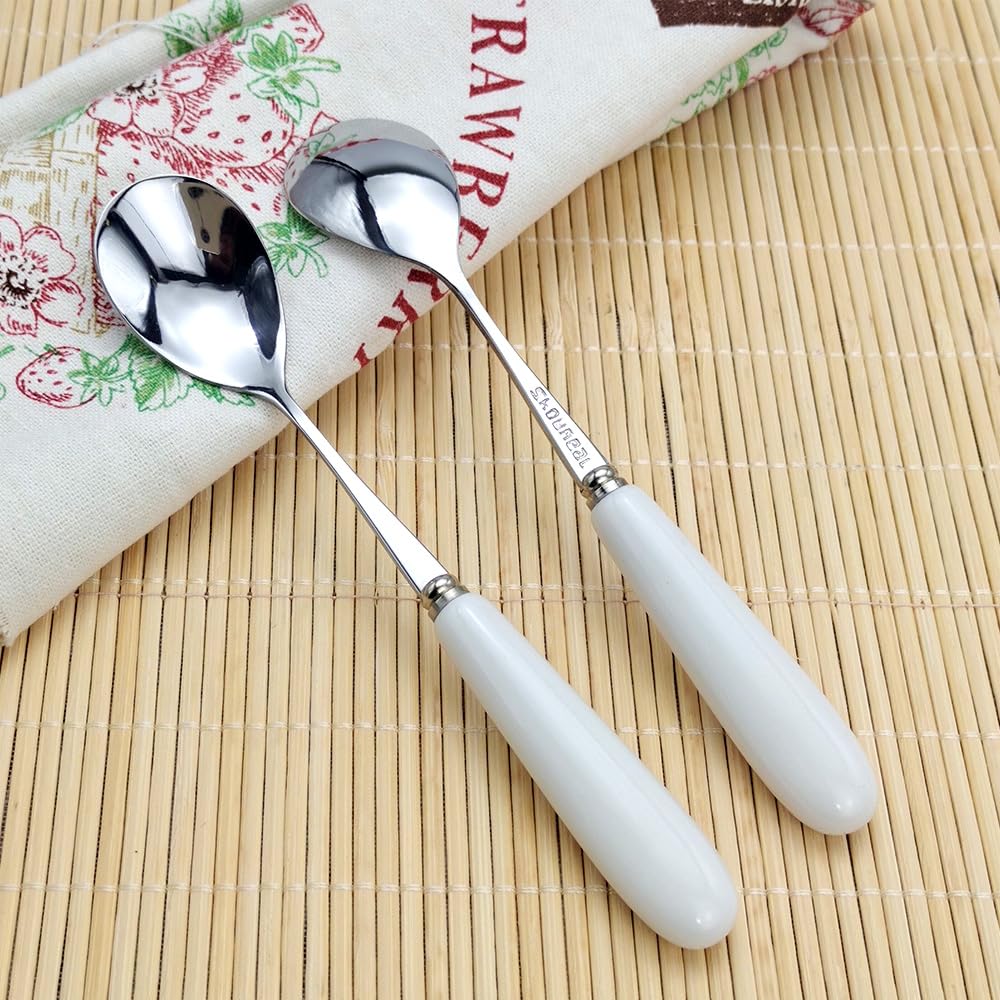 MEIYAHOME White Ceramic Handle Quality Dessert Coffee Spoon 18/10 Stainless Steel Fine Teaspoon Sugar Spoon sus304 5.6inch Stir Afternoon Tea Mixing Spoon (4 Pcs)