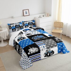 Farm Truck Full Size Comforter Set,Cartoon Car Bedding Set for Adults Teens,Children Blue Gray White Comforter Luxury Geometric Grid Quilt Set Room Decor 3Pcs