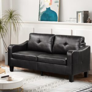 ebello upholstered 3-seat faux leather sofa couch, modern loveseat sofa, wood frame and sturdy legs for living room bedroom office, black