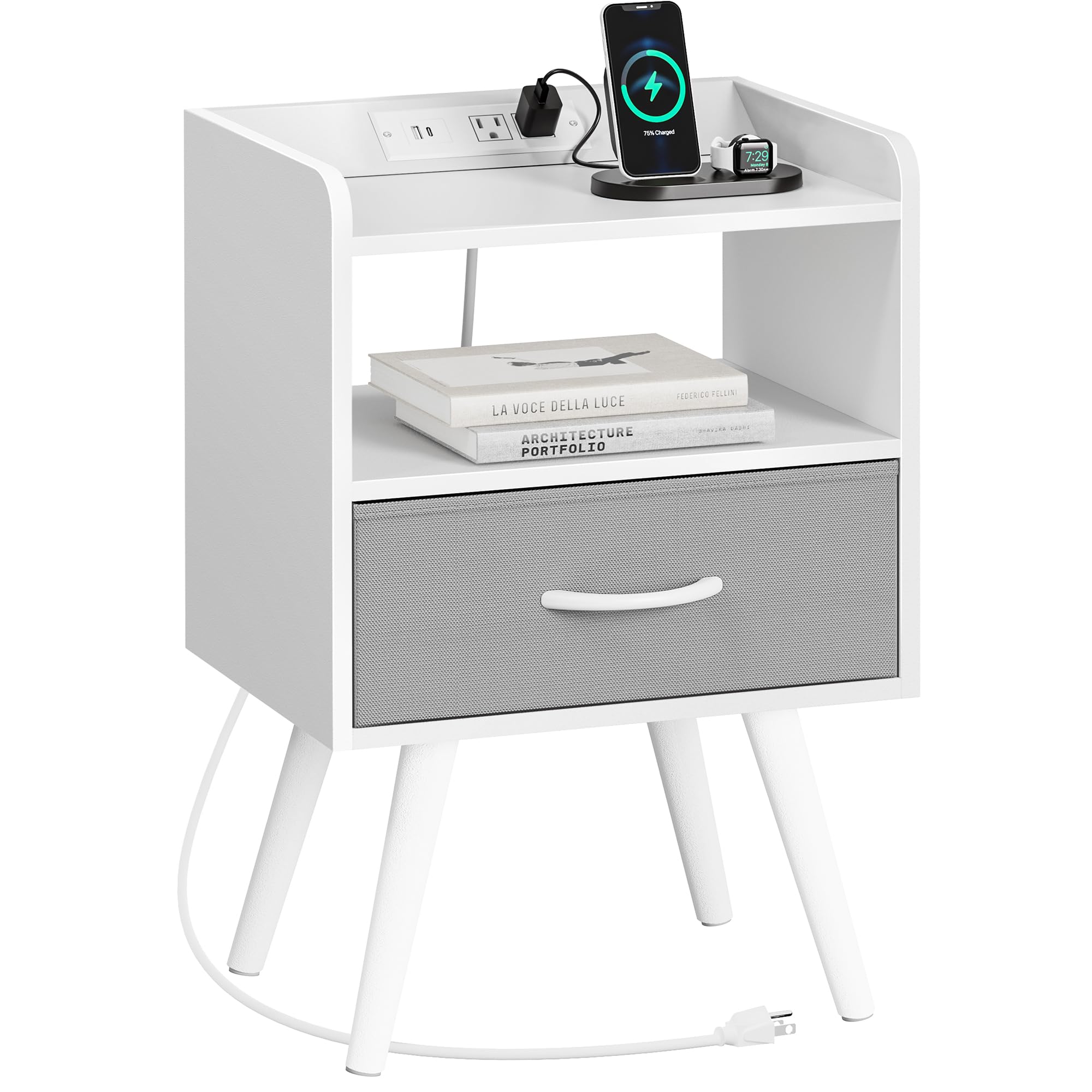 Huuger Night Stand with Charger Station, White Nightstand with Drawer and Open Shelf, Bedside Table, End Table with Solid Wood Feet, Side Table for Bedroom