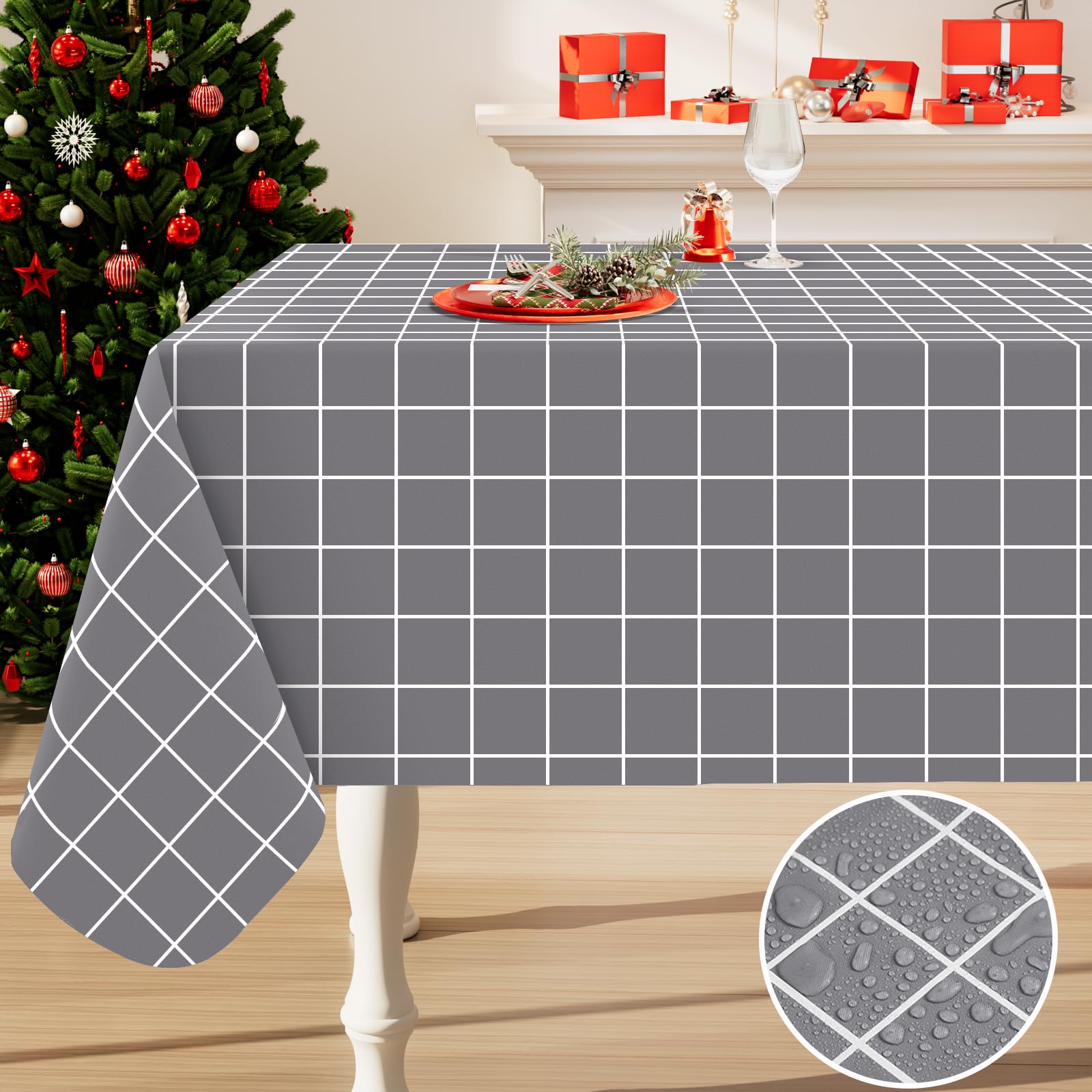 Spotjoy Rectangle Table Cloth, Waterproof Vinyl Tablecloths with Flannel Backing, Wipeable Plastic Plaid Table Cover for Dining, Picnic, Indoor and Outdoor (52" x 70", Grey)