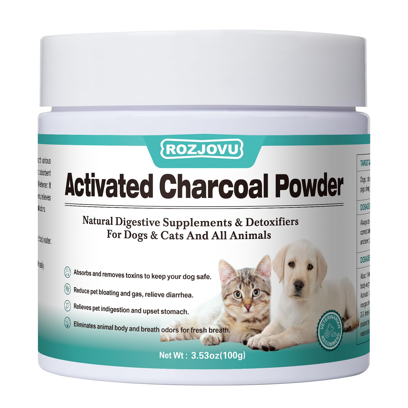 Activated Charcoal for Dogs, Cats, and All Pets, Charcoal for Dogs Poisoning, Digestive Health, Gas & Liver Support, Non-GMO, Gluten Free,3.53oz(Powder)