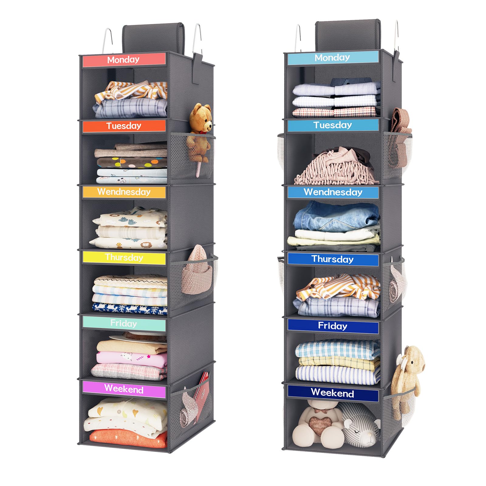 Fixwal 2 Pack 6-Shelf Weekly Clothes Organizer for Kids, Kids Daily Shelf Hanging Closet Organizer with 6 Side Pockets, Days of The Week Hanging Storage Shelves (Dark Grey)