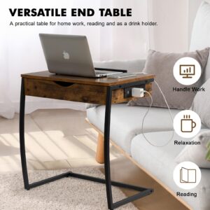 Hadulcet C Table End Table with Charging Station, TV Tray Table, Couch Tables That Slide Under, C Shaped Side Table with Storage, Laptop Stand for Couch, Small Table Couch Desk for Small Spaces