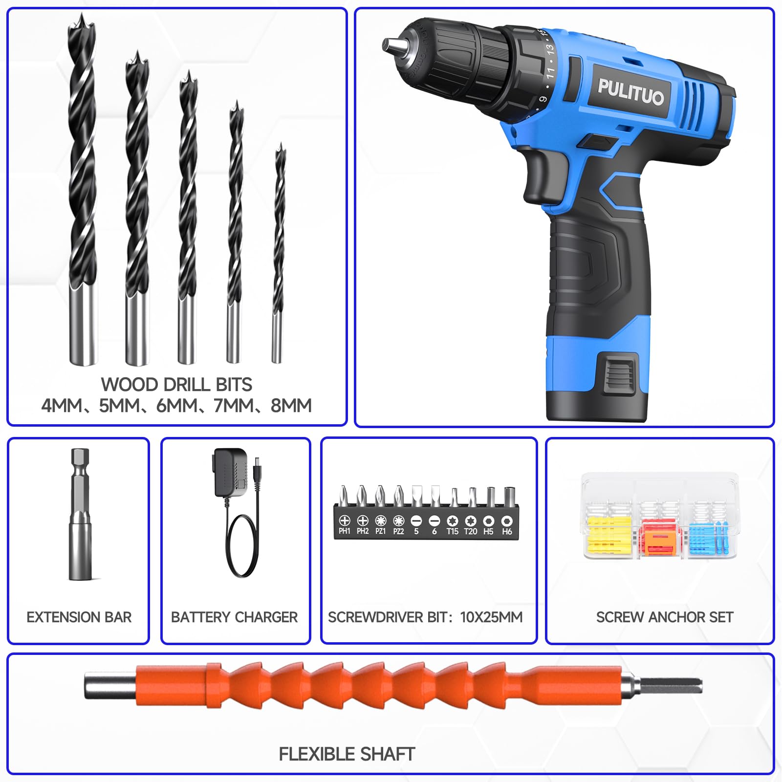 PULITUO 12V Blue Cordless Drill Set Power Drill Kit with Battery and Charger,electric drill home improvement,3/8-Inch Keyless Chuck,Built-in LED,21+1 Torque Setting small drill