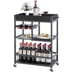 azheruol bar cart with basket 3 tiers home rolling wine rack with wheels mobile kitchen industrial vintage style wood metal serving trolley serving cart,black frame home kitchen shelf for party