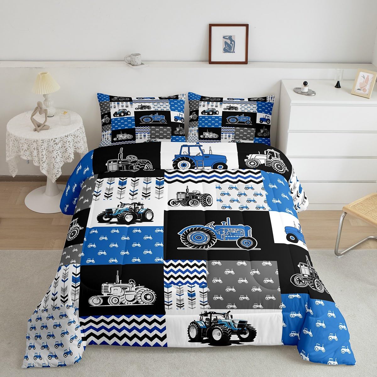 Farm Truck Full Size Comforter Set,Cartoon Car Bedding Set for Adults Teens,Children Blue Gray White Comforter Luxury Geometric Grid Quilt Set Room Decor 3Pcs