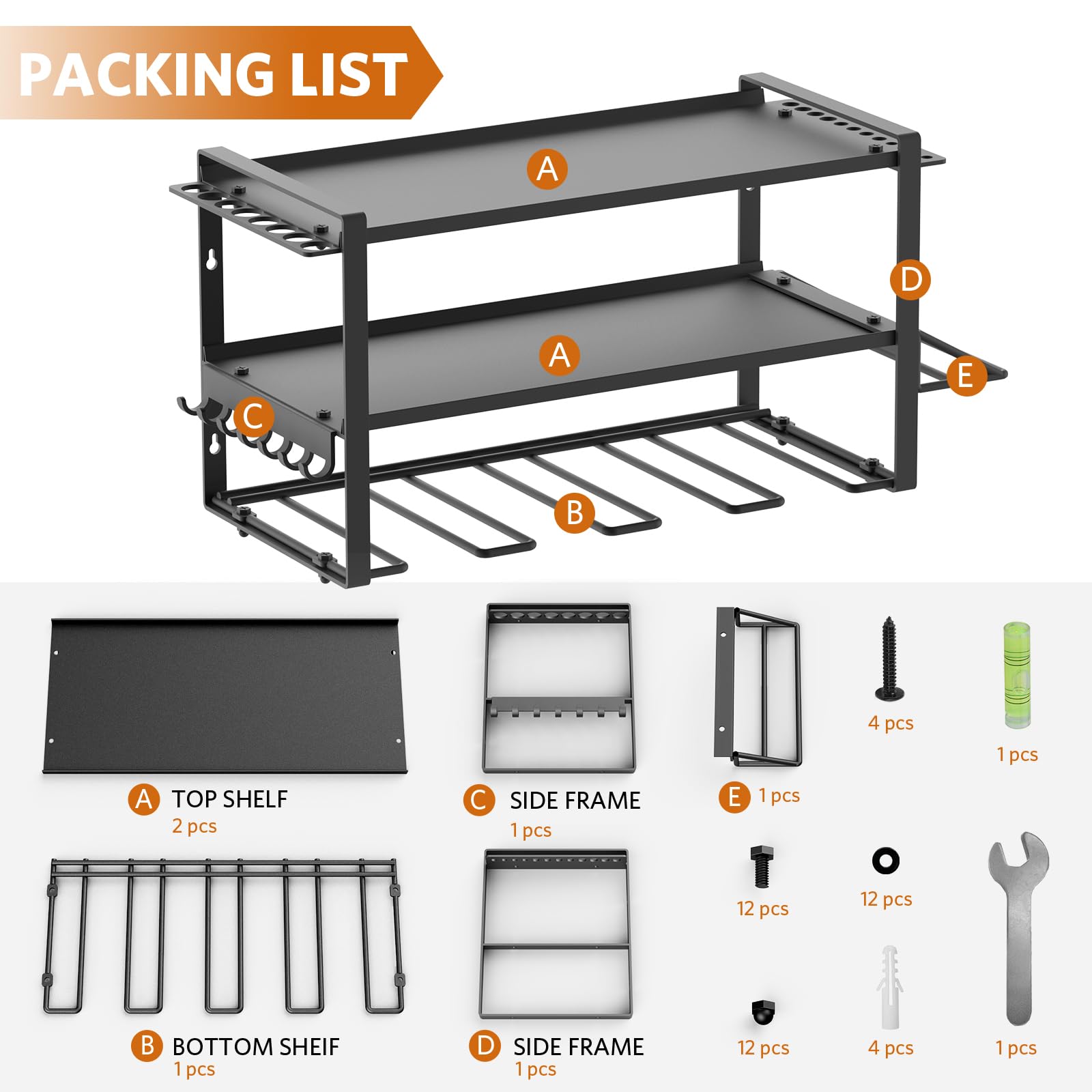 satiarep Power Tool Organizer Wall Mount,Power Drill Tool Holder,Tool Organizers and Storage for Workshop,Garage,Heavy Duty Metal Power Tool Storage Rack,4 Drill Holders,3 layers,Black