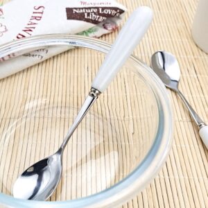 MEIYAHOME White Ceramic Handle Quality Dessert Coffee Spoon 18/10 Stainless Steel Fine Teaspoon Sugar Spoon sus304 5.6inch Stir Afternoon Tea Mixing Spoon (4 Pcs)