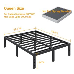 SHLAND Bed Frame Queen Size, 14 Inch Heavy Duty Metal Platform Bed Frame No Box Spring Needed, Mattress Foundation, Storage Space, No Noise, Easy Assembly