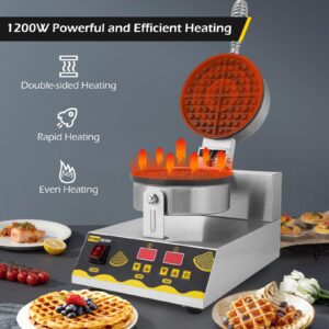 Dyna-Living Commercial Waffle Maker 110V 1200W Intelligent Commercial Waffle Maker Restaurant Non-stick Round Waffle Maker Stainless Steel Waffle Iron Machine Professional Waffle Maker for Home