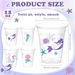 Yaomiao 50 Pieces Mermaid Party Cups Bulk 12 Oz Disposable Plastic Under the Sea Drinking Cups Mermaid Tail Shell Starfish Beverage Cups for Ocean Mermaid Birthday Baby Shower Party Supplies (Cute)