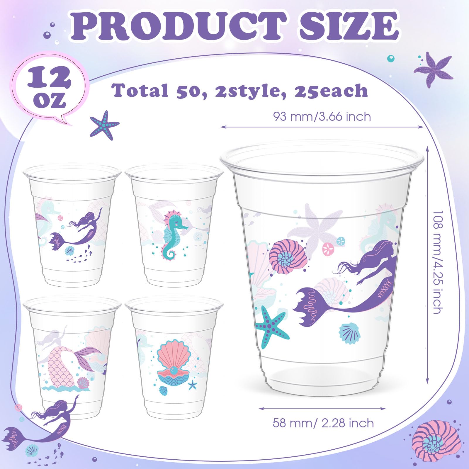 Yaomiao 50 Pieces Mermaid Party Cups Bulk 12 Oz Disposable Plastic Under the Sea Drinking Cups Mermaid Tail Shell Starfish Beverage Cups for Ocean Mermaid Birthday Baby Shower Party Supplies (Cute)