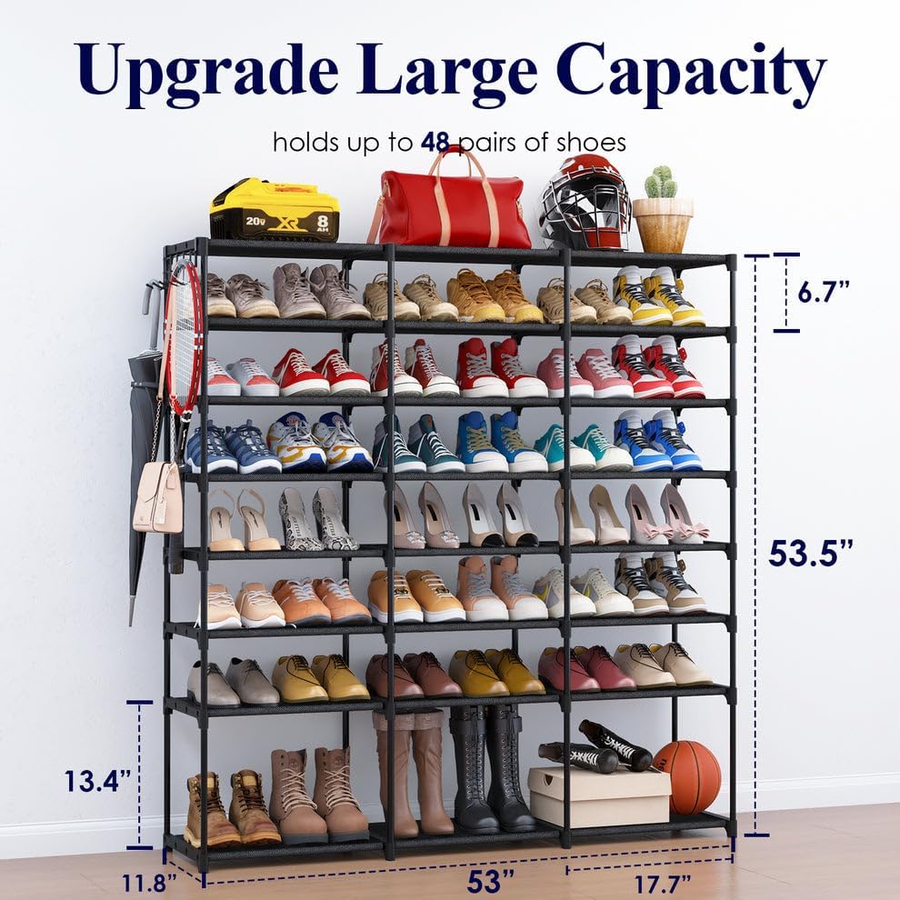 Kitsure Shoe Organizer - 8-Tier Large Shoe Rack for Closet Holds Up to 48 Pairs Shoes & Boots, Multipurpose Shoe Shelf with Hook Rack, Stackable Tall Shoe Rack for Entryway, Bedroom, Garage