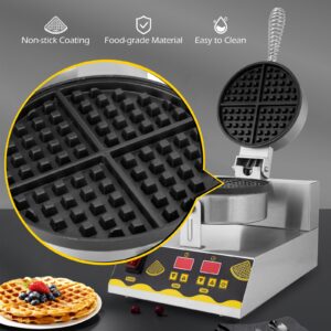 Dyna-Living Commercial Waffle Maker 110V 1200W Intelligent Commercial Waffle Maker Restaurant Non-stick Round Waffle Maker Stainless Steel Waffle Iron Machine Professional Waffle Maker for Home