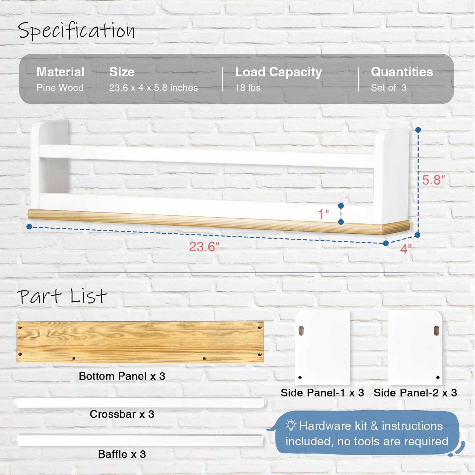 Harwaya 24 Inch Long Wall Bookshelf for Kids Room Bedroom Set of 3, Floating Nursery Book Shelves for Baby Boys Girls, Large Wood Hanging Bookshelves for Toddlers Childs (White and Natural)