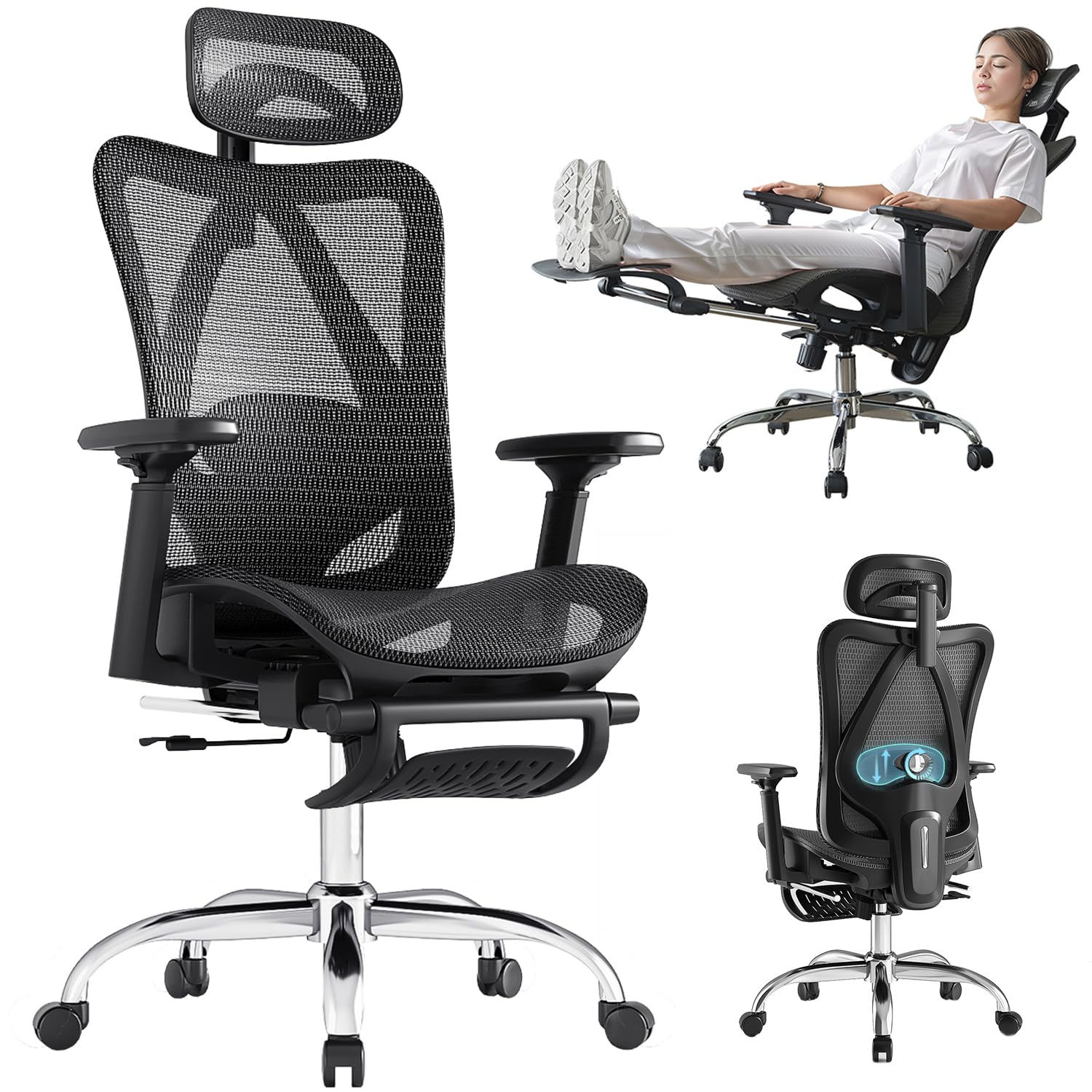 DFLIVE Ergonomic Office Chair, SGS Certified Gas Cylinder, 400 LBS Capacity, Retractable Footrest, Office Chair with Adjustable Lumbar Support, Gaming Chair, Mesh Office Chair