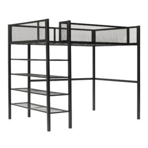 Bellemave Twin Size Metal Loft Bed with 4-Tier Shelves and Storage, Loft Bed with Bookshelf (Black)