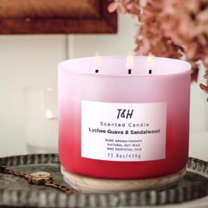 Lychee Guava Sandalwood Candle | Large 3-Wick Highly Scented Candle for Home | Natural Soy Candle 15.8 oz | Sweet & Refreshing Luxury Fragrance Candle | Relaxing Aromatherapy Candle for Women & Men