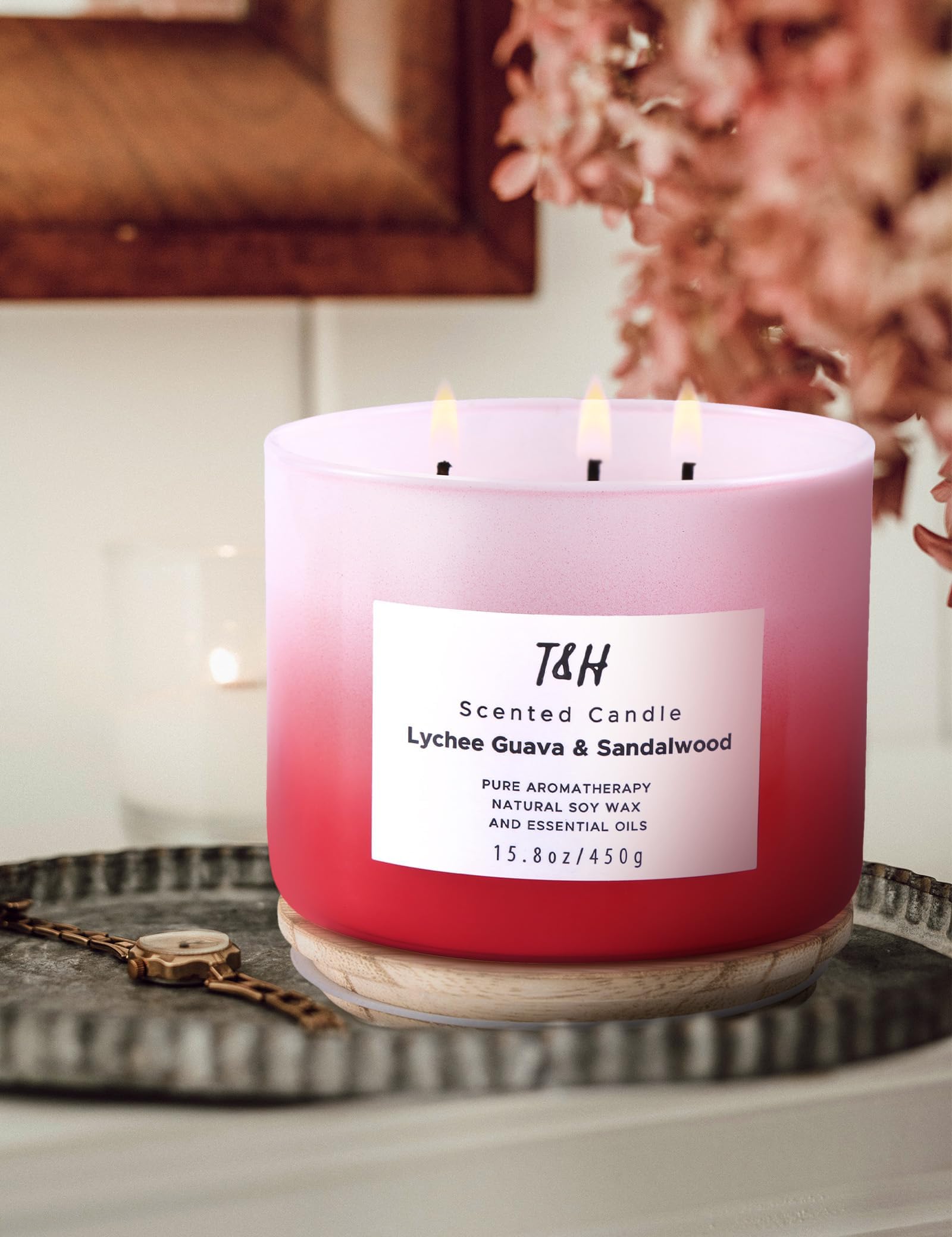 Lychee Guava Sandalwood Candle | Large 3-Wick Highly Scented Candle for Home | Natural Soy Candle 15.8 oz | Sweet & Refreshing Luxury Fragrance Candle | Relaxing Aromatherapy Candle for Women & Men