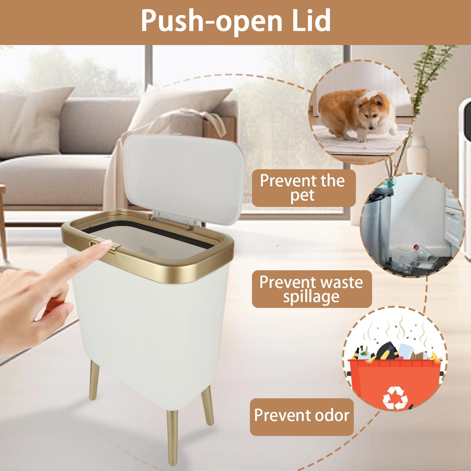 MUXHEL 1 Pcs Trash Can with Lid, White-Glod Trash Bin with Long Legs, PP Plastic Nordic Modern Waste Basket Dog Proof Trash Can for Indoor and Outdoor (4 Gallon)