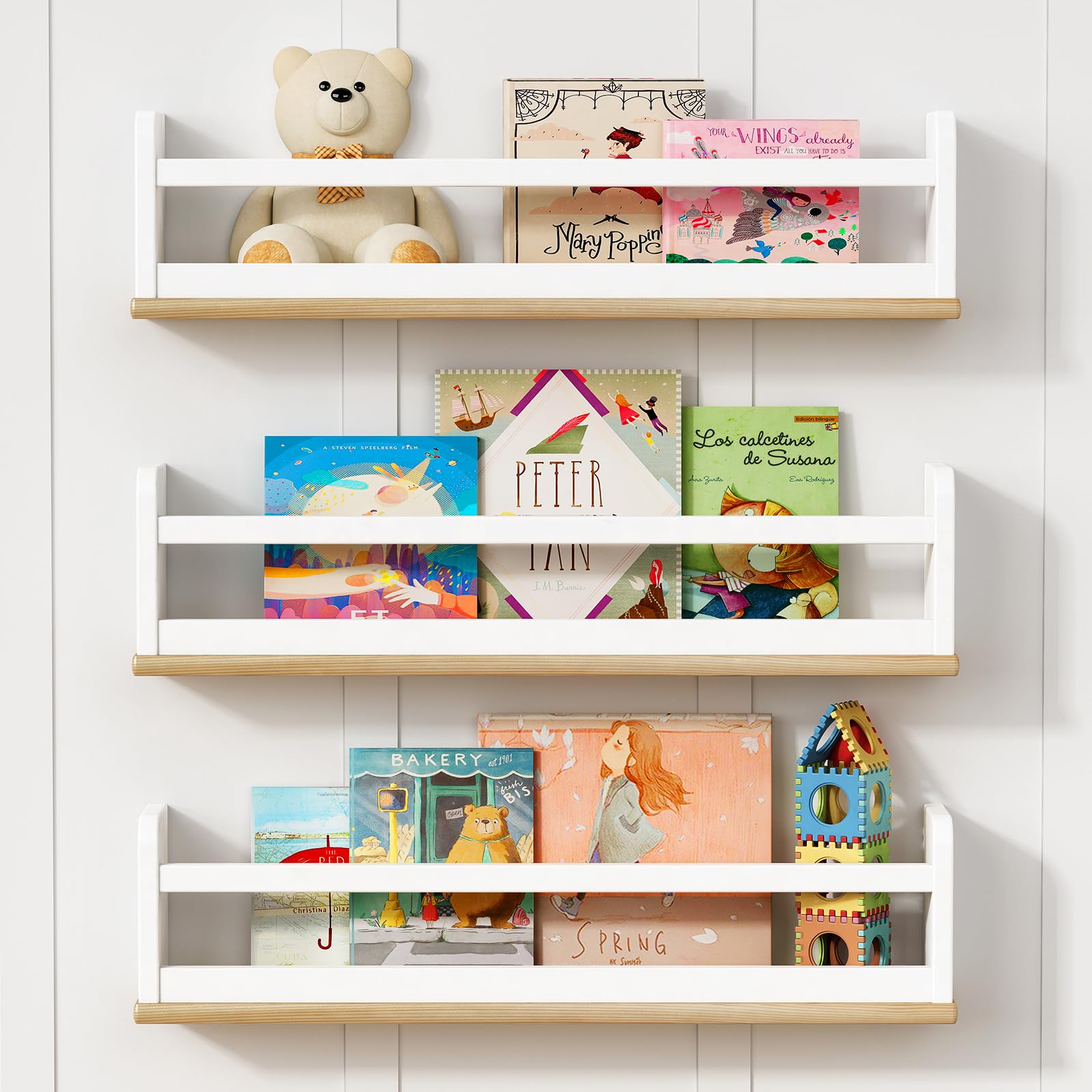 Harwaya 24 Inch Long Wall Bookshelf for Kids Room Bedroom Set of 3, Floating Nursery Book Shelves for Baby Boys Girls, Large Wood Hanging Bookshelves for Toddlers Childs (White and Natural)