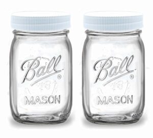 regular mouth mason jars 16 oz - (2 pack) - ball regular mouth 16-ounces pint mason jars with white m.e.m food storage plastic lids - for storage, freezing - leak proof, microwave & diswasher safe