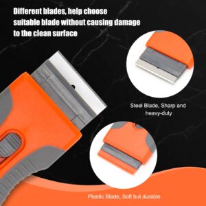 2 PCS Razor Blade Scraper, Glass Scraper Scraping Tool with 20PCS Steel & Plastic Extra Blades for Removing Stickers, Papers, Food Residue, Paint, Glue from Oven, Window (Orange)