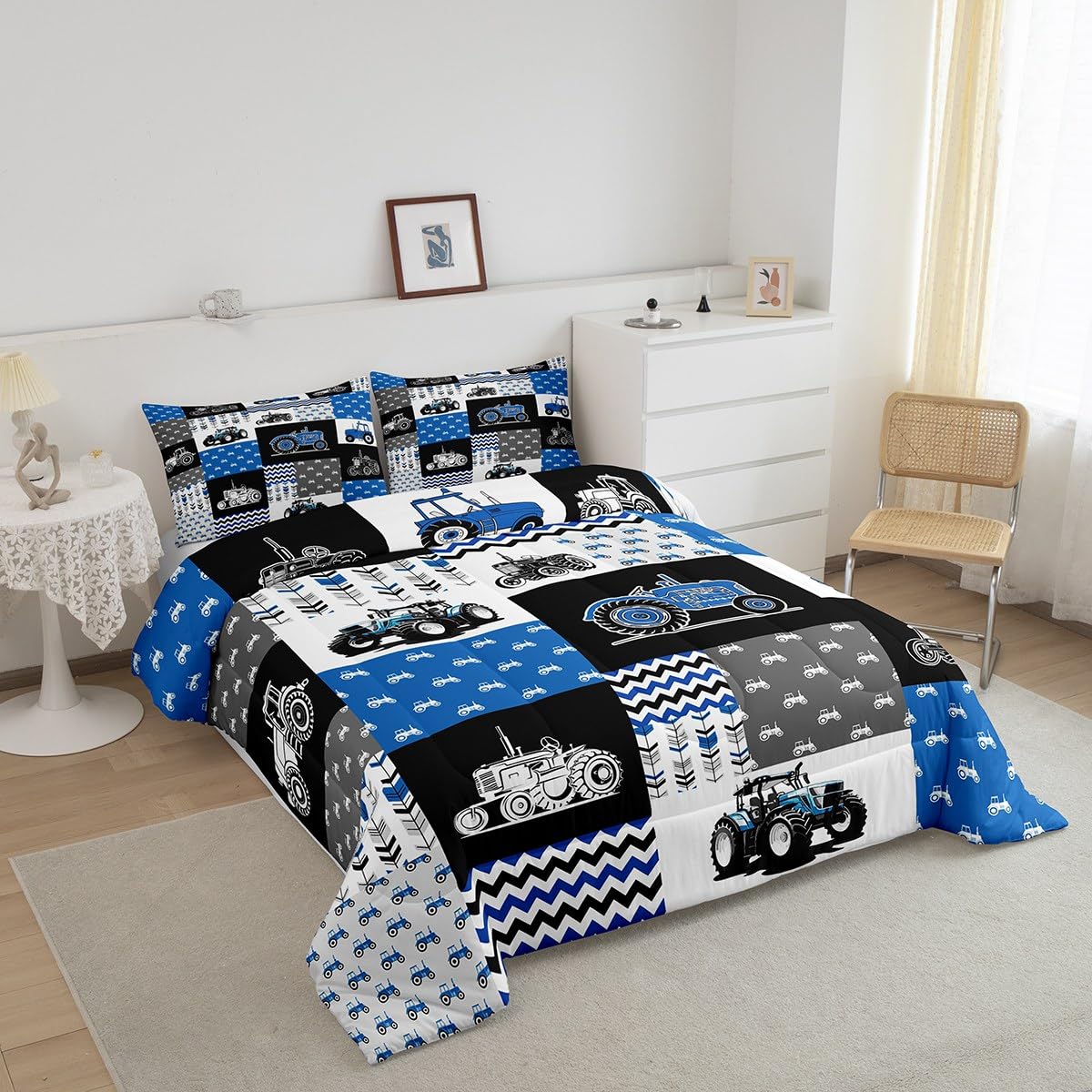 Farm Truck Full Size Comforter Set,Cartoon Car Bedding Set for Adults Teens,Children Blue Gray White Comforter Luxury Geometric Grid Quilt Set Room Decor 3Pcs