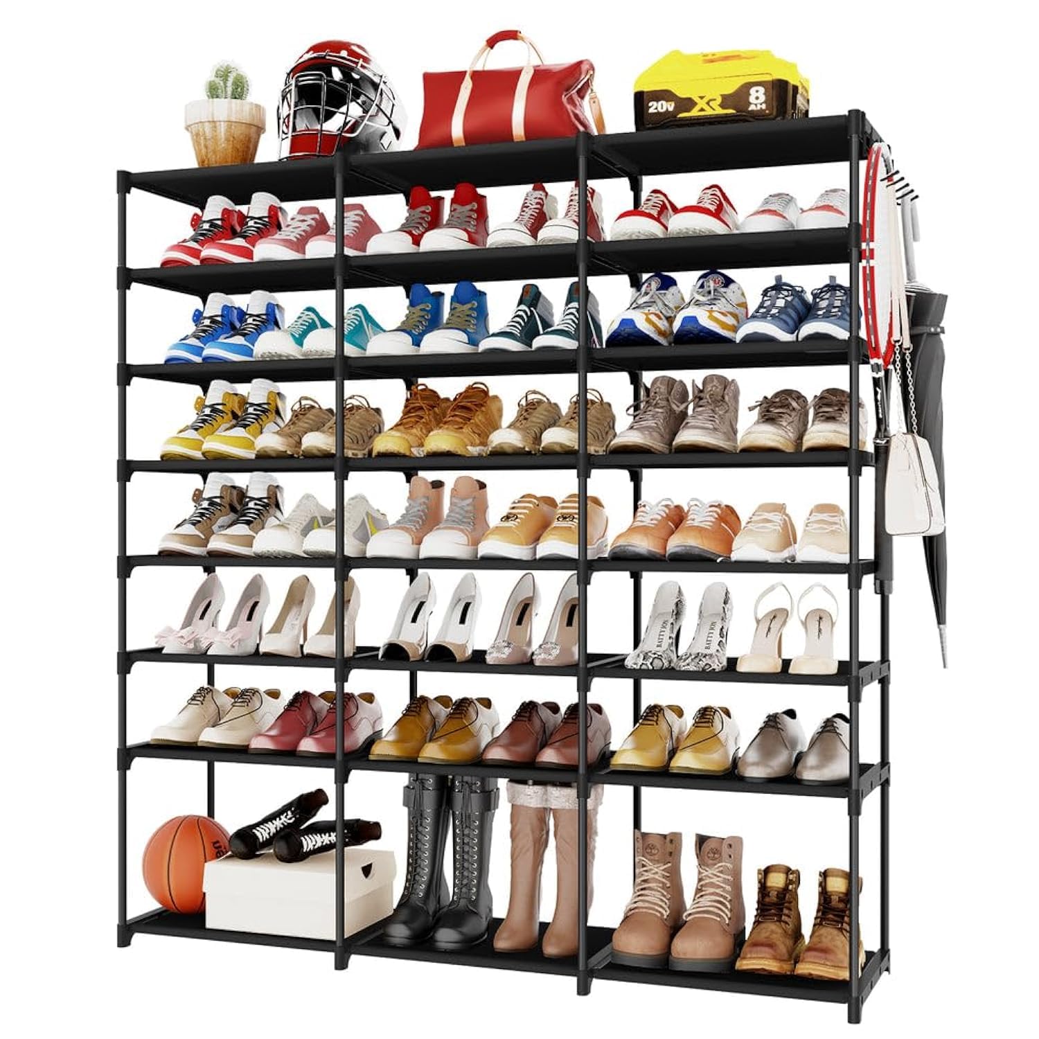 Kitsure Shoe Organizer - 8-Tier Large Shoe Rack for Closet Holds Up to 48 Pairs Shoes & Boots, Multipurpose Shoe Shelf with Hook Rack, Stackable Tall Shoe Rack for Entryway, Bedroom, Garage