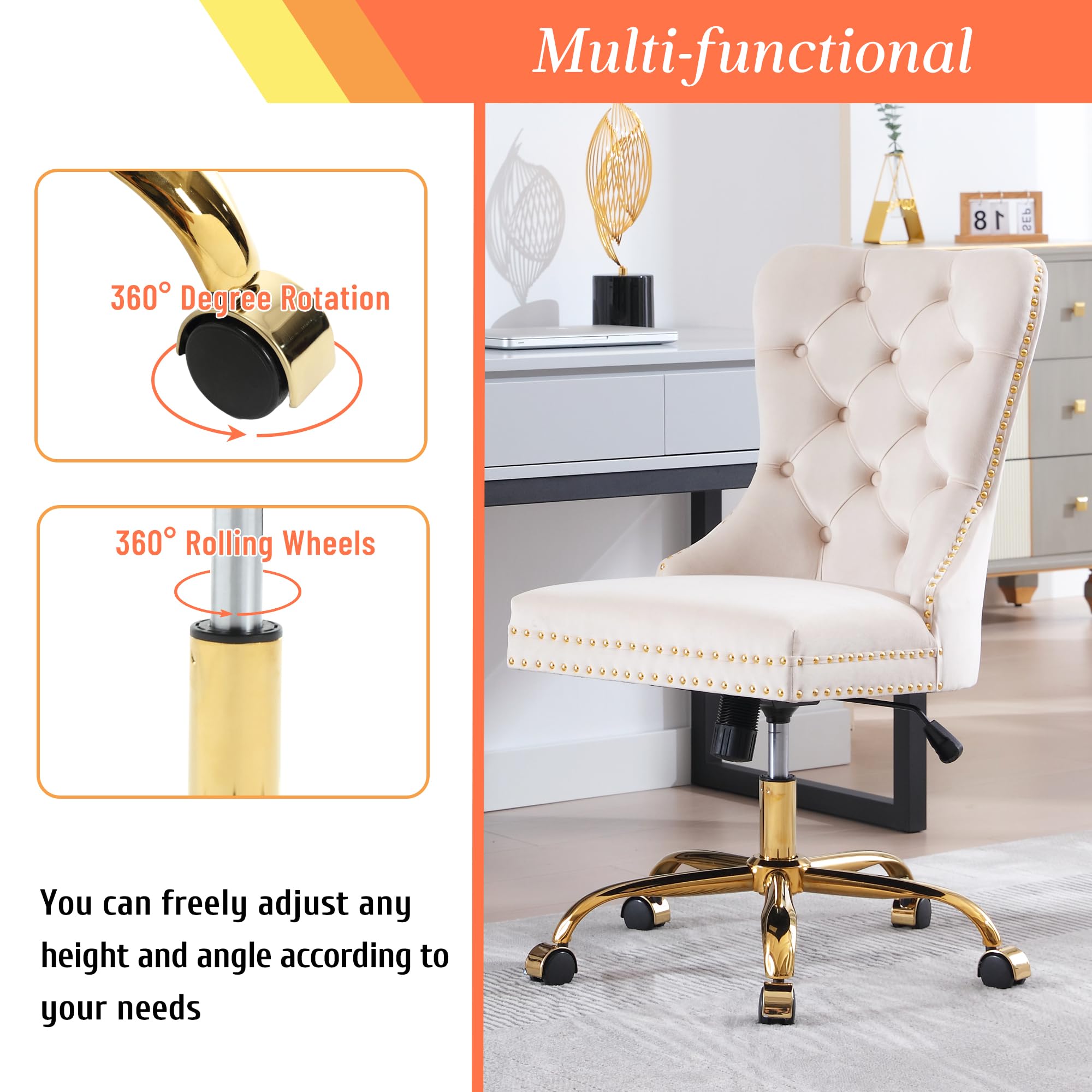 KCC Velvet Home Office Chair with Gold Metal Base & Nailhead Trim, Modern Swivel Upholstered Tufted Task Chair, Adjustable Wingback Armless Desk Chair for Living Room/Bedroom(Beige)