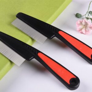 Iluadme 2 Pieces Fine Tooth and Wide Tooth Dog Grooming Comb - Rubber Handle Hair Comb for Small Dogs & Cats with Flea and Tick Removal (2PCS, Black Red)