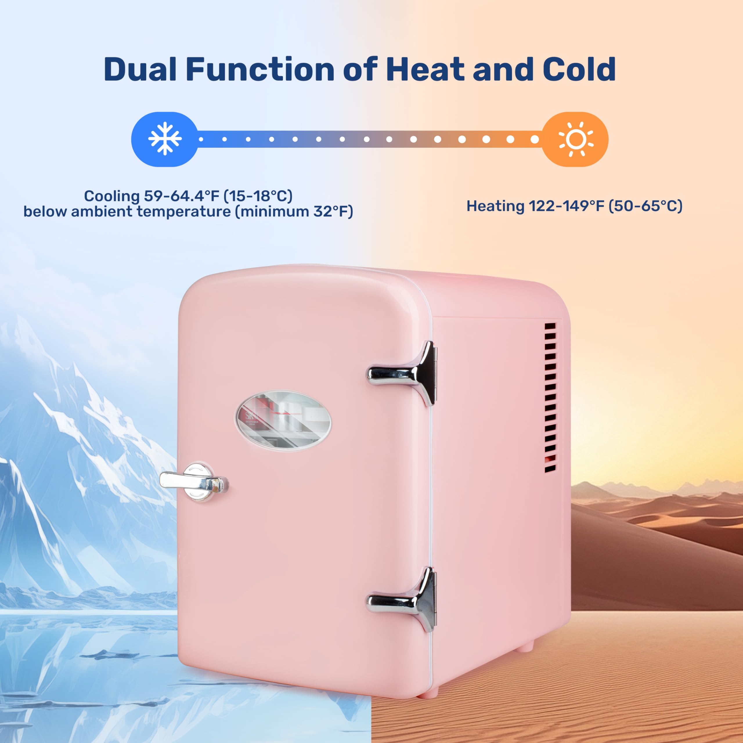 YSSOA Mini Fridge with Observation 4-Liter Six 12 oz Cans Portable Warmer & Cooler Compact Refrigerator, 100% Eco Friendly and Freon-Free, 4L with window, Pink