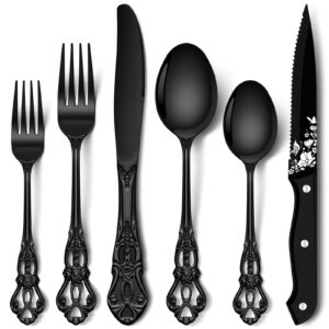 stapava 48 pcs black silverware set with steak knives, gorgeous retro royal silverware set for 8, stainless steel mirror flatware cutlery set, include forks spoons and knives set, dishwasher safe