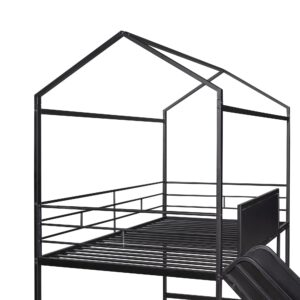 BOVZA Twin Size House Loft Bed with Slide and Ladder, Metal Loft Bed Frame with 2 Sided Writable Wooden Board and Roof for Kids Boys Girls Bedroom, Black