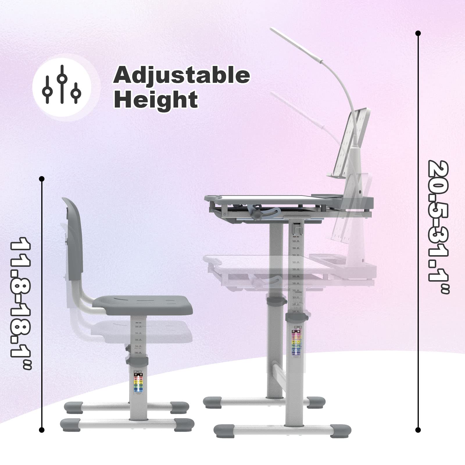 YBLFDY Kids Desk Multi Functional Kids Study Desk with 40 Degree Tilt-able Desktop Height Adjustable Kids School Desk for Kids,Children Desk Set as Christmas, Bithday Gift, Grey