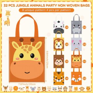 Photect 32 Pcs Safari Party Favor Bags Non Woven Jungle Animal Goodie Treat Bags with Handles Lion Tiger Elephant Monkey Giraffe Gift Bags for Kids Safari Themed Party Birthday Baby Shower Supplies