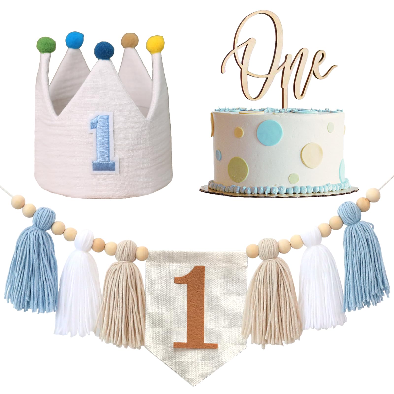 Baby Boy First Birthday Party Decorations Blue High Chair Banner 1st Birthday Crown Cake Topper 1st Birthday Decor