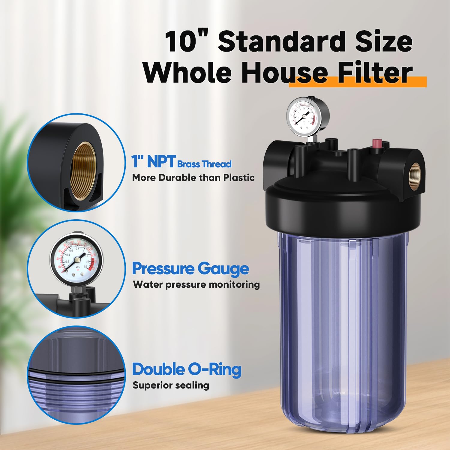 PUREPLUS Whole House Water Filter Housing, 10"x4.5" Universal Housing, Pre-Filtration System, 1" NPT