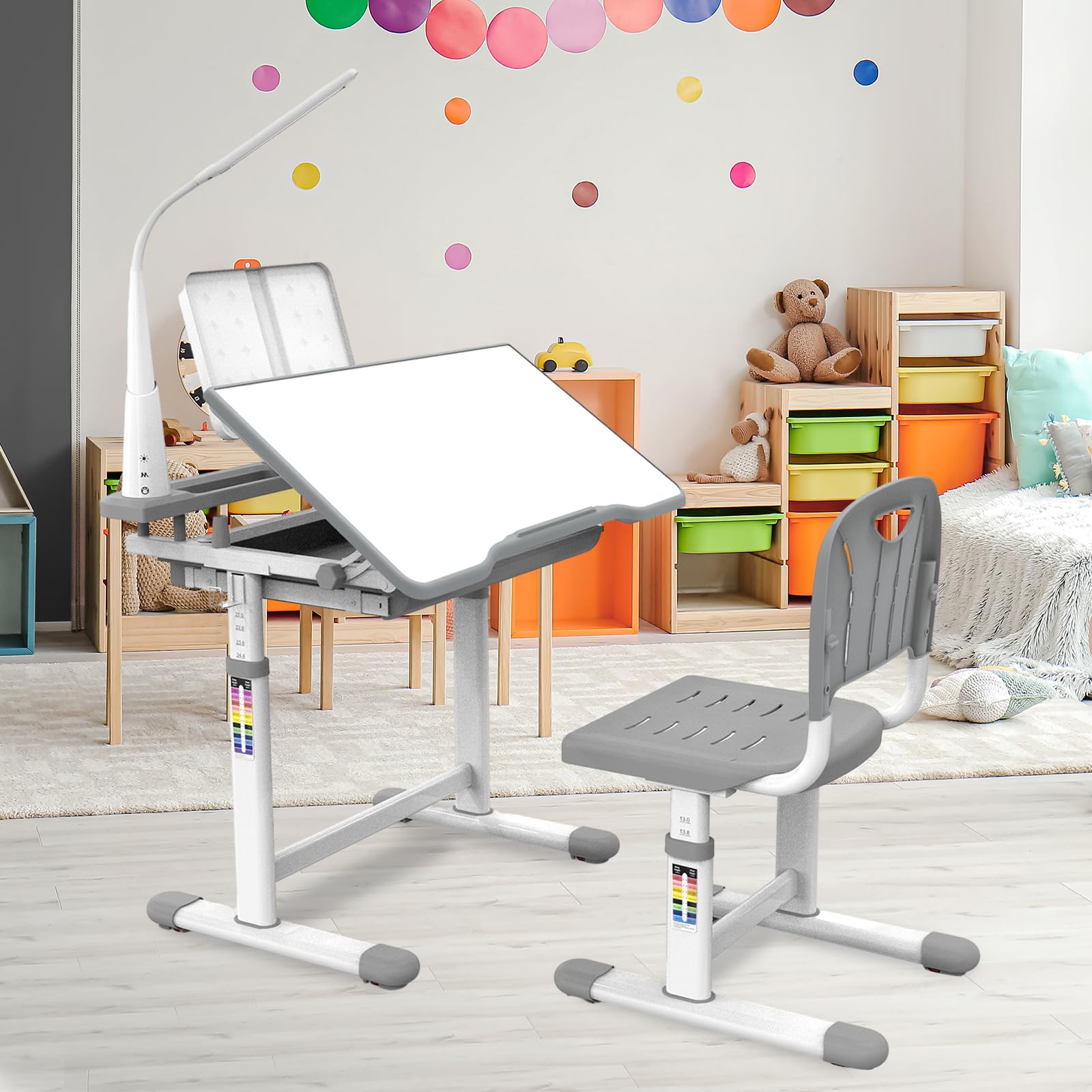 YBLFDY Kids Desk Multi Functional Kids Study Desk with 40 Degree Tilt-able Desktop Height Adjustable Kids School Desk for Kids,Children Desk Set as Christmas, Bithday Gift, Grey