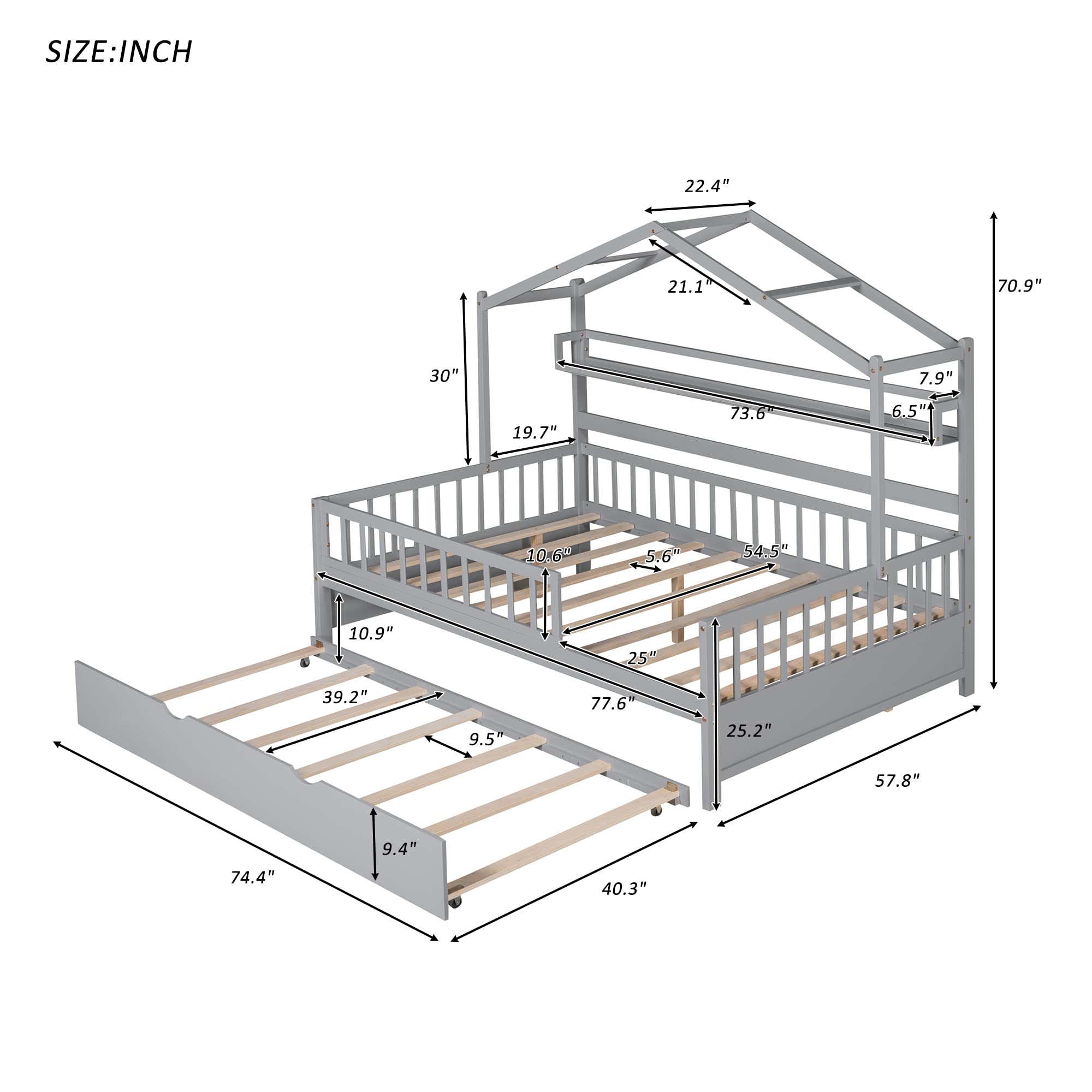 Bellemave Full Size House Bed with Trundle for Kids,Wooden Full Platform Bed Frame with Storage Shelves,Montessori Bed for Teens,Girls & Boys (Gray)